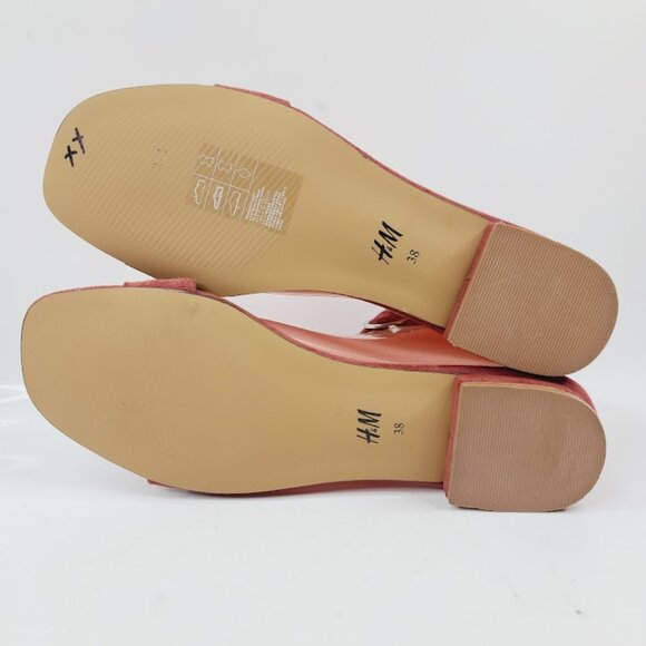 H&M Women's Red Suede Open Toe Low Heel Classic Ankle Strap Sandal Size 7 - Picture 5 of 7